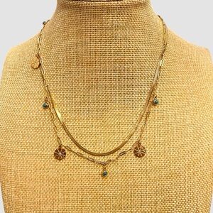 New 18K Gold Plated Turquoise & Flower Necklace Multi-layered chain